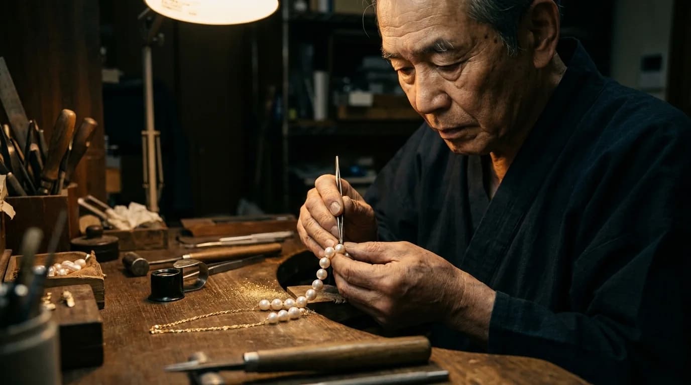 真珠を糸に通す職人の手元