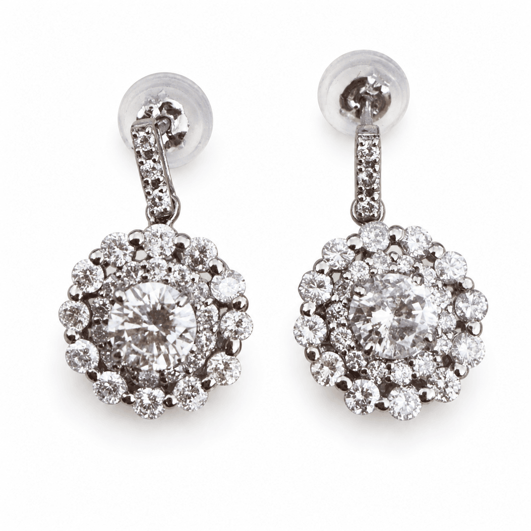 E3364 Earrings PT950/900 3.30g Diamond .647, 0.76ct Double Halo Drop